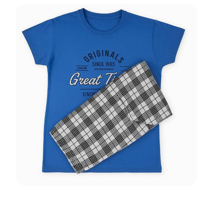 Pijamă bărbați bumbac moale, albastru & gri, 2 piese, tricou mânecă scurtă și pantalon 3/4, confortabilă