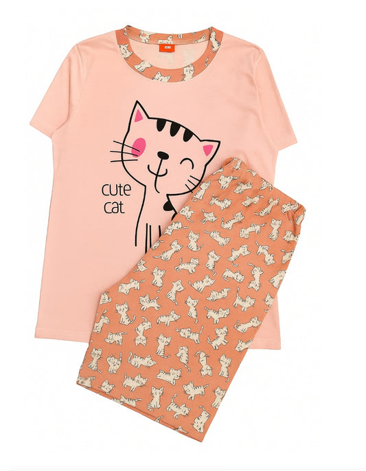 Pijama damă bumbac moale, corai, 2 piese, tricou mânecă scurtă și pantalon 3/4, confortabilă