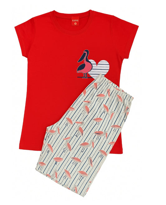 Pijama damă bumbac moale, roșu, 2 piese, tricou mânecă scurtă și pantalon 3/4, confortabilă