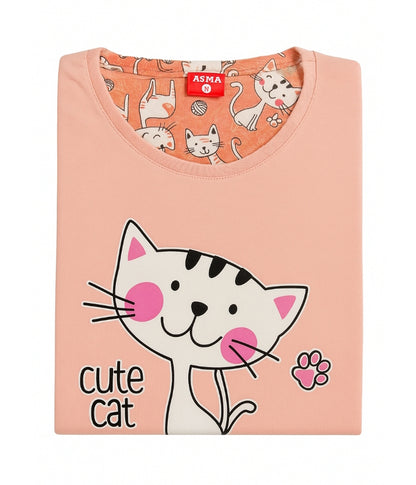 Pijama damă bumbac moale, corai, 2 piese, tricou mânecă scurtă și pantalon 3/4, confortabilă