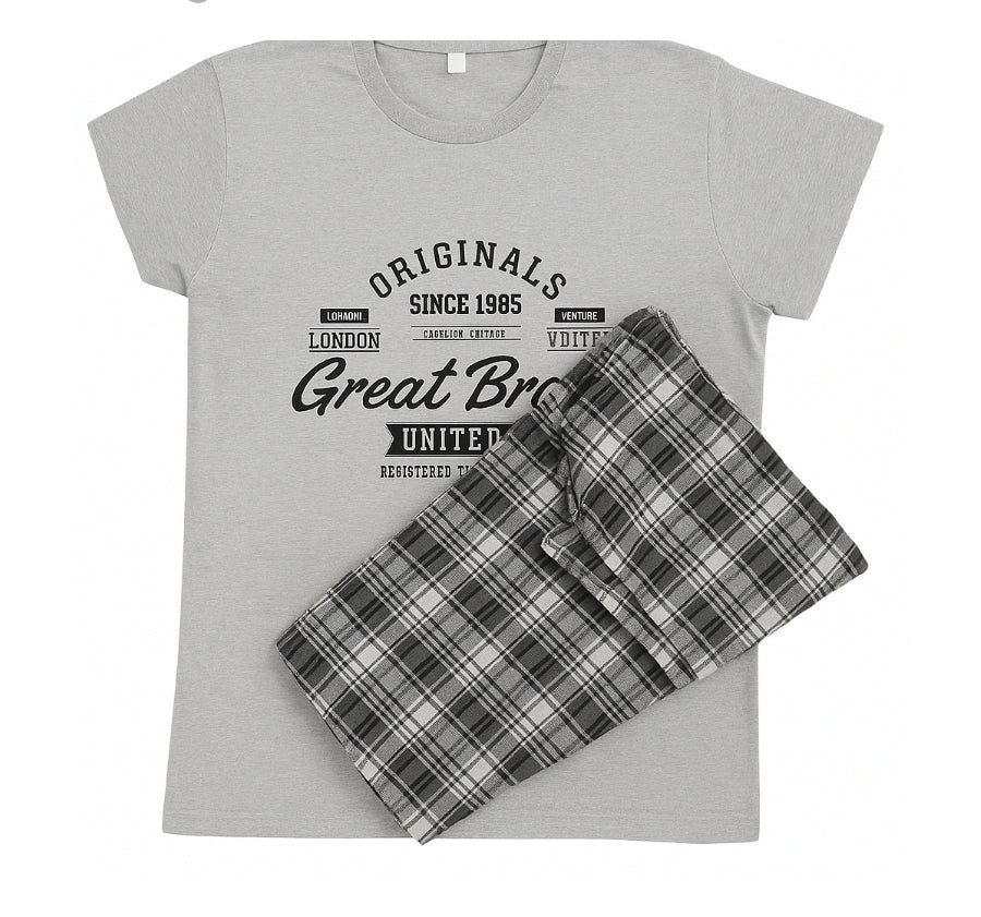Pijamă bărbați bumbac moale,  gri, 2 piese, tricou mânecă scurtă și pantalon 3/4, confortabilă