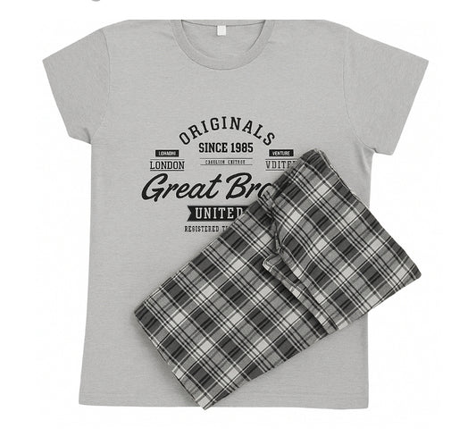 Pijamă bărbați bumbac moale,  gri, 2 piese, tricou mânecă scurtă și pantalon 3/4, confortabilă