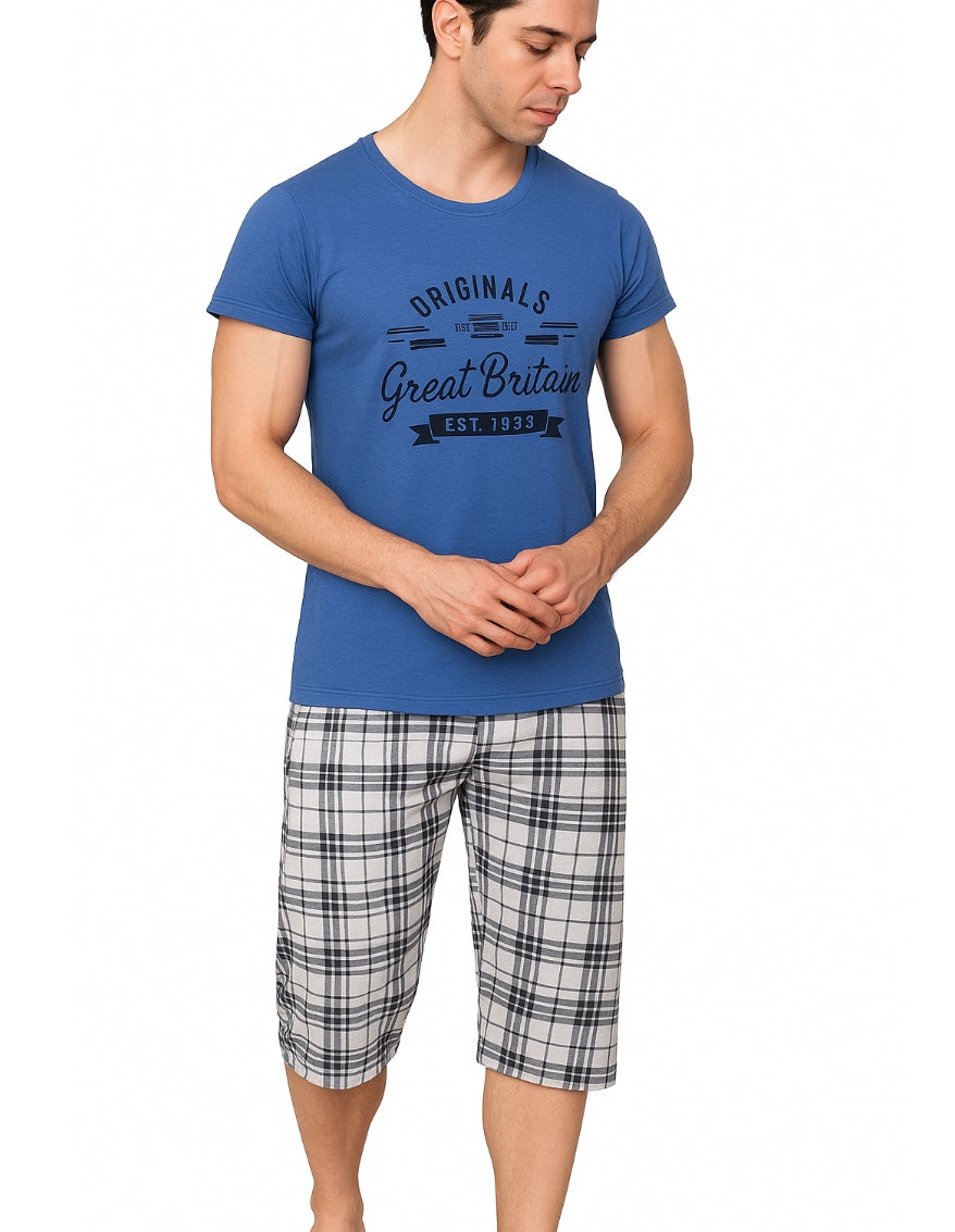 Pijamă bărbați bumbac moale, albastru & gri, 2 piese, tricou mânecă scurtă și pantalon 3/4, confortabilă
