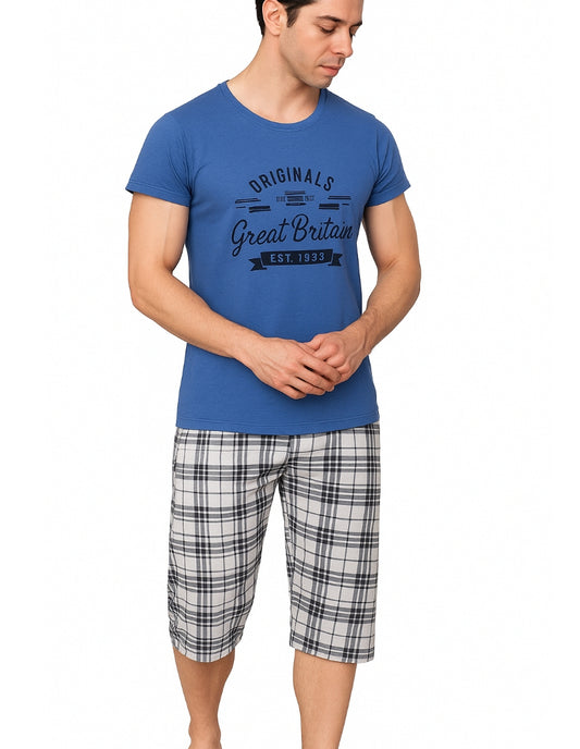 Pijamă bărbați bumbac moale, albastru & gri, 2 piese, tricou mânecă scurtă și pantalon 3/4, confortabilă