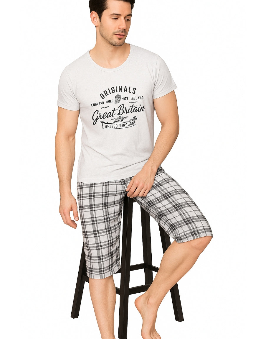 Pijamă bărbați bumbac moale,  gri, 2 piese, tricou mânecă scurtă și pantalon 3/4, confortabilă
