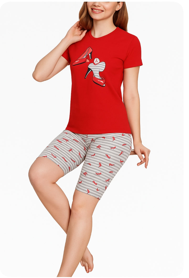 Pijama damă bumbac moale, roșu, 2 piese, tricou mânecă scurtă și pantalon 3/4, confortabilă