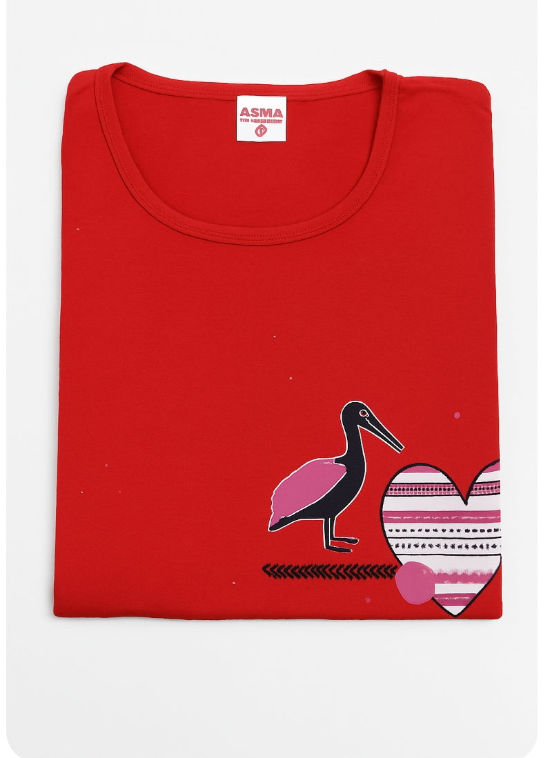 Pijama damă bumbac moale, roșu, 2 piese, tricou mânecă scurtă și pantalon 3/4, confortabilă
