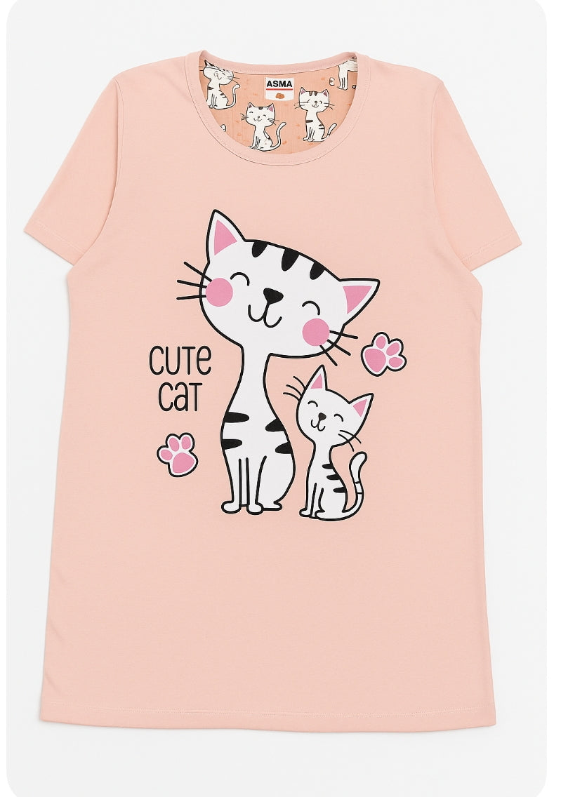 Pijama damă bumbac moale, corai, 2 piese, tricou mânecă scurtă și pantalon 3/4, confortabilă