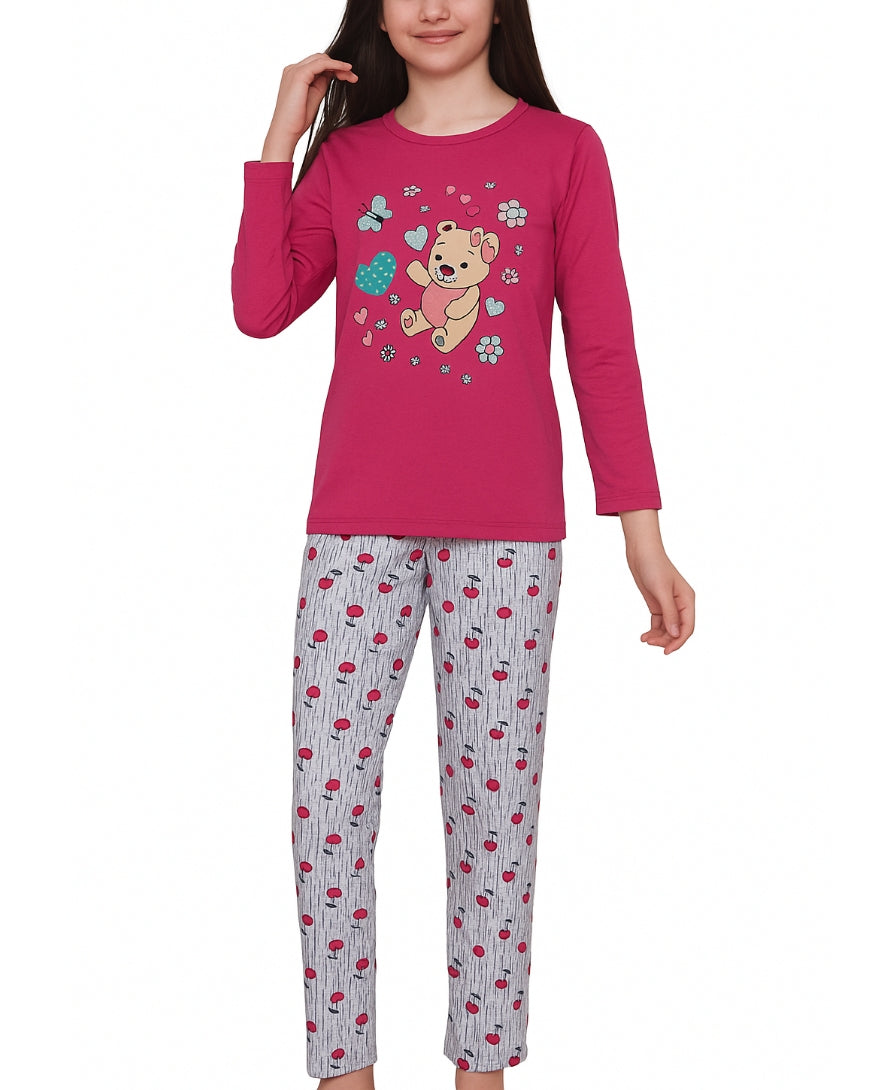 Pijama  bumbac moale, roz închis, mânecă lungă, model ursuleț și inimioare, set copii 3-12 ani