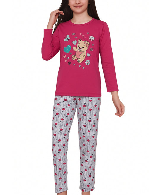Pijama  bumbac moale, roz închis, mânecă lungă, model ursuleț și inimioare, set copii 3-12 ani