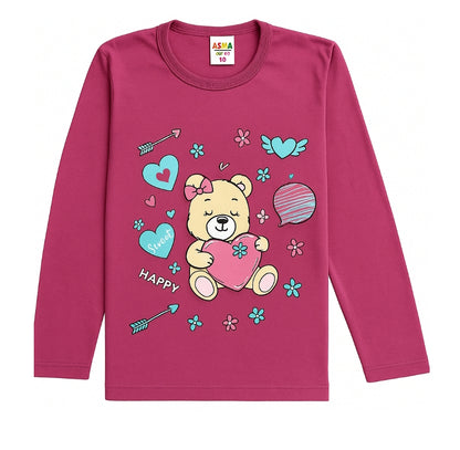 Pijama  bumbac moale, roz închis, mânecă lungă, model ursuleț și inimioare, set copii 3-12 ani