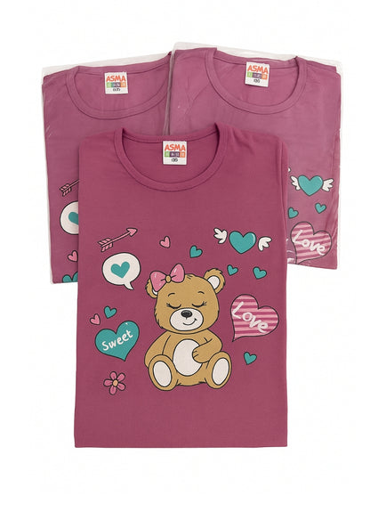 Pijama  bumbac moale, roz închis, mânecă lungă, model ursuleț și inimioare, set copii 3-12 ani