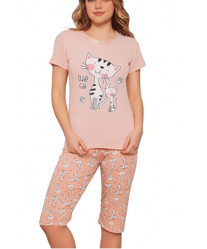 Pijama damă bumbac moale, corai, 2 piese, tricou mânecă scurtă și pantalon 3/4, confortabilă
