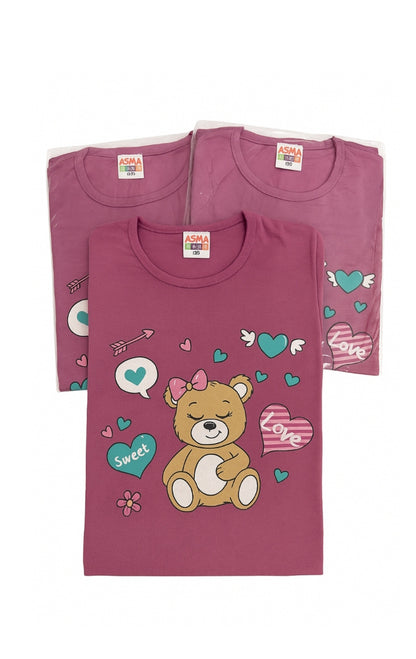 Pijama  bumbac moale, roz închis, mânecă lungă, model ursuleț și inimioare, set copii 3-12 ani