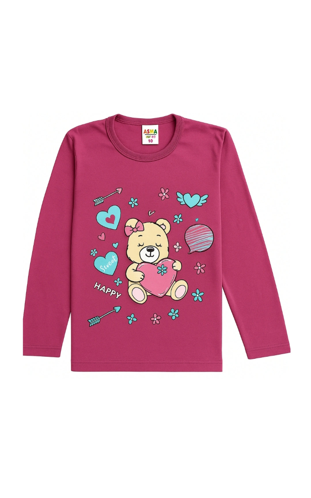 Pijama  bumbac moale, roz închis, mânecă lungă, model ursuleț și inimioare, set copii 3-12 ani
