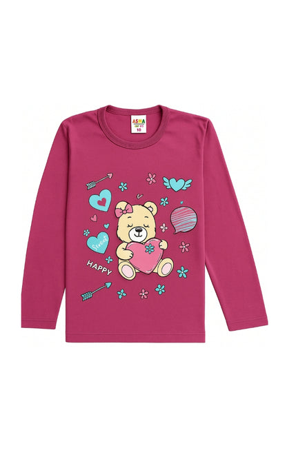 Pijama  bumbac moale, roz închis, mânecă lungă, model ursuleț și inimioare, set copii 3-12 ani