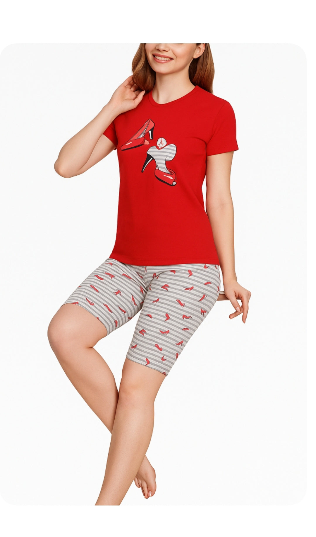 Pijama damă bumbac moale, roșu, 2 piese, tricou mânecă scurtă și pantalon 3/4, confortabilă