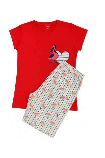 Pijama damă bumbac moale, roșu, 2 piese, tricou mânecă scurtă și pantalon 3/4, confortabilă