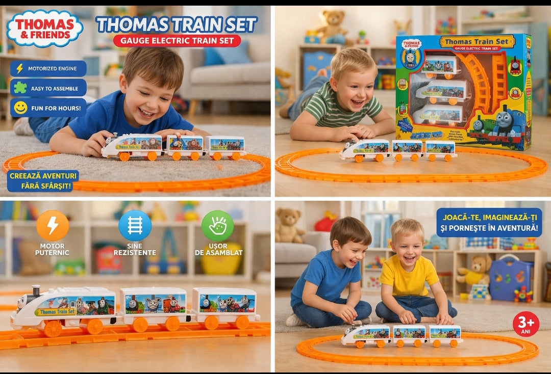 🚂 Trenuleț pe șine pentru copii – set Thomas Train, locomotivă motorizată cu vagoane și sine 💕