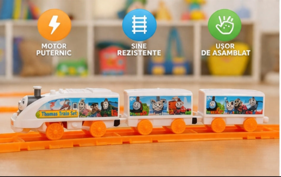 🚂 Trenuleț pe șine pentru copii – set Thomas Train, locomotivă motorizată cu vagoane și sine 💕